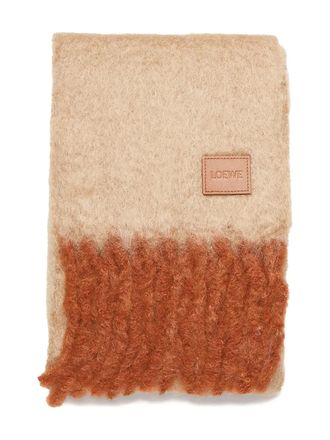 Loewe fringed leather-patch scarf - Brown