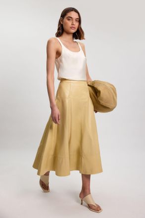 Karen Millen Womens Leather Full Skirt - Yellow - Size 14 UK