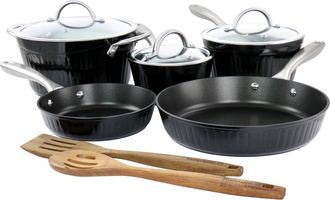 Kenmore Logan 10 Piece Aluminum Nonstick Cookware Set in Black with Wood Utensils