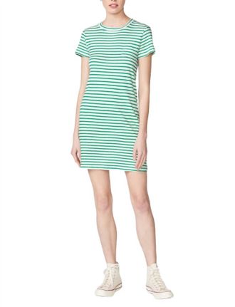 Stateside Linen Cotton Stripe Jersey Short Sleeve Dress In Jade