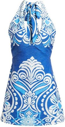 Flying Tomato Print Plunge Halter Neck Minidress in Blue at Nordstrom, Size Large