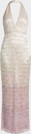 Mac Duggal Beaded Fringed Halter Gown
