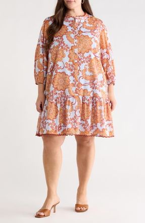 Sugarlips Siany Yamila Floral Ruffle Cotton Dress in Brown-Blu at Nordstrom, Size 1X