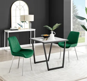 Furniturebox Carson White Marble Effect Square Dining Table & 2 Velvet Pesaro Silver Leg Chairs in Green