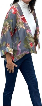 Two's Company Poppies & Peacocks Short Kimono In Multi