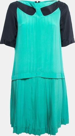 Victoria Beckham Green/navy Blue Silk Pleated Mini Dress