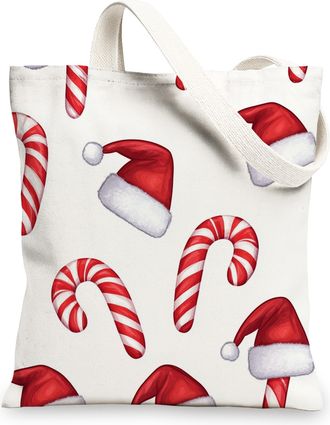 Generic Merry Christmas Candy Canes Canvas Tote Bag for Shopping 13x15, Seamless Candy Xmas Reusable Grocery Print Bag for Women, Holiday New Year Beach Aesth