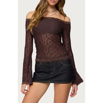 Edikted Off the Shoulder Sheer Lace Top in Brown at Nordstrom, Size X-Small