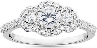 Pompeii3 7/8 Carat 3-Stone Halo Diamond Anniversary Engagement Ring Solitaire White Gold