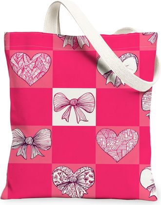 Generic Heart Pattern Canvas Tote Bags, Bow Design Reusable Grocery Bags, ValentineS Day Lightweight Washable Shoulder Strap for T, Peach, 13x15 Inch
