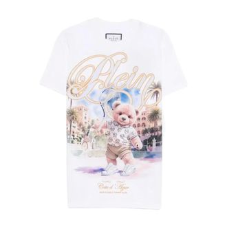 Philipp Plein Tops, Heren, Wit, L, Katoen, Teddybeer Tennis Print T-shirt