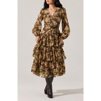 ASTR the Label Franchesca Floral Long Sleeve Tiered Cotton Blend Dress in Olive Floral at Nordstrom Rack, Size Medium