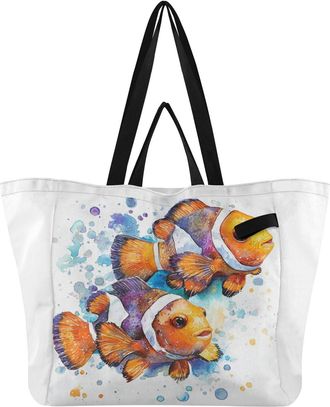 Generic Orange Fish pattern Reusable Canvas Tote Bag, Heavy Duty Grocery Shopping Bag with Double Handles Hard Bottom Large Capacity Work Groceries Travel