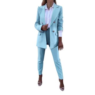 Generic Ladies Trouser Suits For Special Occasions 2 Piece Outfits Long Blazer with Pants Fashion Elegant Thin Transition Jacket Casual Lightweight Slim Fit W