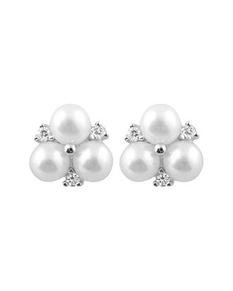 Splendid Pearls Rhodium Plated Silver 5-5.5Mm Freshwater Pearl & Cz Studs