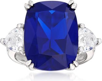 Ross-Simons Cushion-Cut Simulated Sapphire and CZ Ring in Sterling Silver