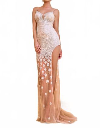 Portia & Scarlett Long Beaded Fitted Column Dress In Champagne