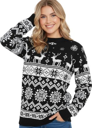 Janisramone Christmas Jumpers for Women, Reindeer Winter Xmas Knitted Ladies Sweater, Novelty Loose Fit Crew Neck Funny Christmas Jumper, Festive Black Red Long S