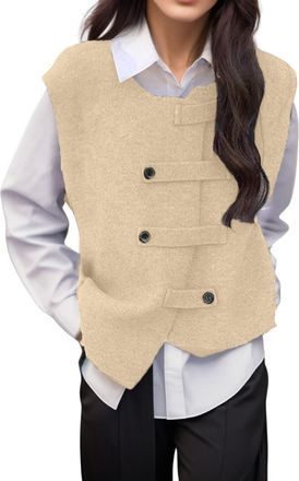 Generic QWUVEDS Knitted Vest Womens Sleeveless Womens Knitted Jumper Vest Fashion Plain Irregular Buttons Ribbed Knit Turtleneck Autumn Winter Loose Sleeveles