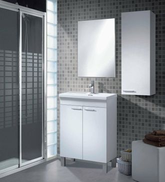 Dmora Armario Bajo Encimera Naperville, Mueble De Ba&ntilde;o, Armario De 2 Puertas Con Espejo, Lavabo No Incluido, Cm 50x40h80, Blanco, Con Embalaje Reforzado - D