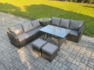 Fimous Garden Furniture Sofa Set Rectangular Dining Table 2 Small Footstool Side Table Indoor Outdoor 8 Seater Rattan Set in Dark Grey