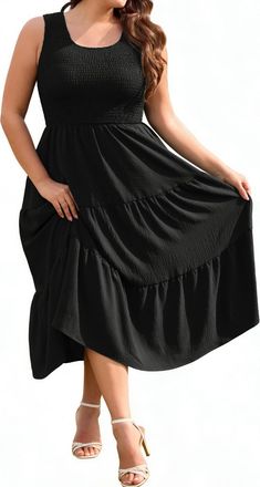 Heekpek Plus Size Summer Dresses for Women Sleeveless Vest Dresses Midi Elegant U Neck Ruched Front Beach Dress Flowy Summer Dress with Pockets, Black, XXL