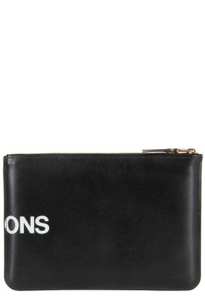 Comme Des Gar&ccedil;ons Black Huge Logo Print Zip Leather Clutch