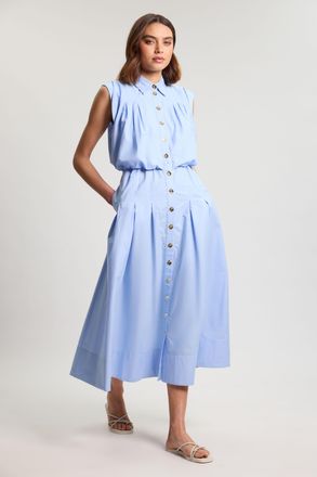 Karen Millen Womens Cotton Poplin Button Up Midi Dress - Pale Blue - Size 10 UK