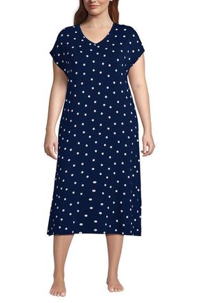 Lands End Plus Size Cooling Cap Sleeve Midi Nightgown in Deep Sea Navy Dot at Nordstrom, Size 2X