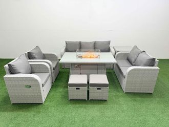 Fimous PE Rattan Garden Furniture Set Reclining Chair Sofa Double Love Seat 2 Seater Sofa Lounge Set Firepit Dining Table 2 Stools Side Table Light