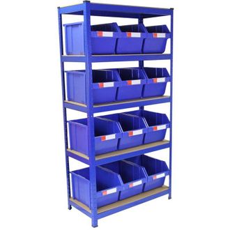 MonsterShop Monster Racking - Scaffale T-Rax In Acciaio Senza Bulloni 90cm con 12 Contenitori a Bocca di Lupo per Magazzino e Garage