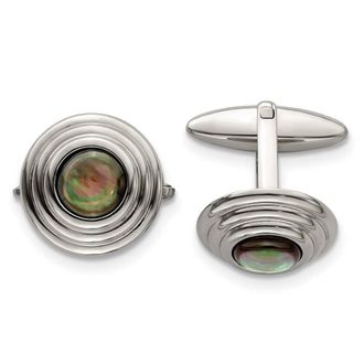 Diamond2Deal Stainless Steel Polished Black Mother of Pearl Circle Cufflinks