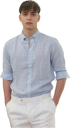 Polo Ralph Lauren Overhemden, Heren, Blauw, M, Linnen, Linnen Streep Shirt