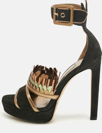 Jimmy Choo London Black/gold Suede Kathleen Open Toe Ankle Cuff Sandals