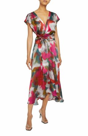 Santorelli TALIA Faux-Wrap Midi Dress with Hi-Lo Skirt in Abstract Print in Sedona Multi at Nordstrom, Size 10