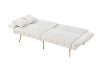 STILVORA Clic-clac 2 Plazas En Terciopelo Con Respaldo Ajustable, Patas De Metal Dorado Y Brazos Multi-posiciones, Blanco Antiguo