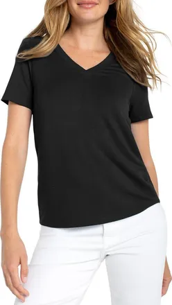 Liverpool L.A. Short Sleeve V-Neck T-Shirt in Black at Nordstrom, Size X-Small