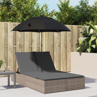 vidaXL Lettino Prendisole Doppio Cuscini e Parasole Grigio Polyrattan - Vidaxl