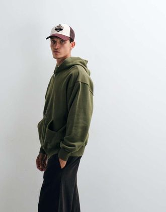 Asos Giacca oversize premium pesante lavata color oliva con zip-Verde