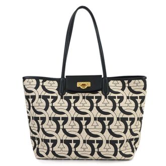 Ferragamo Beige Black Canvas Leather Handbag Pouch Tote Bag (Pre-Owned)