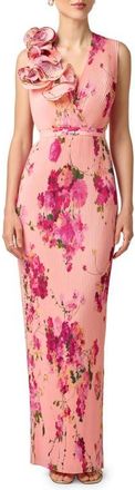 Aidan Mattox Print Pliss&eacute; Sleeveless Gown in Pink Multi at Nordstrom, Size 10
