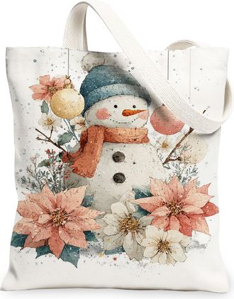 Generic Snow Man Canvas Tote Bags, Cute Winter Floral Design Reusable Shopping Bags, Vintage Lightweight Washable Canvas for Travel, White, 13x15 Inch