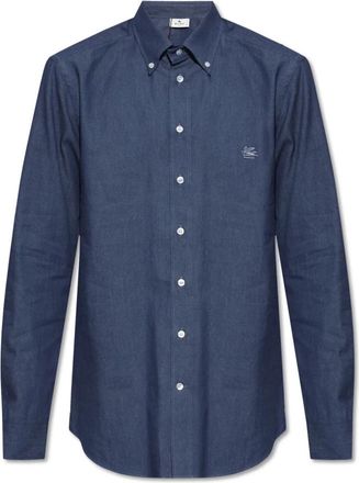 Etro Shirt met logo-borduursel - Heren - Casual Overhemden - Blauw - XL - Katoen - Overhemden