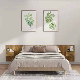 vidaXL Cabecero De Cama Y Mesitas Madera Contrachapada Roble Ahumado Vidaxl