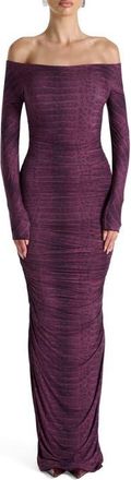 Naked Wardrobe Ruched Off the Shoulder Long Sleeve Maxi Dress in Dark Plum Crocodile at Nordstrom, Size X-Large
