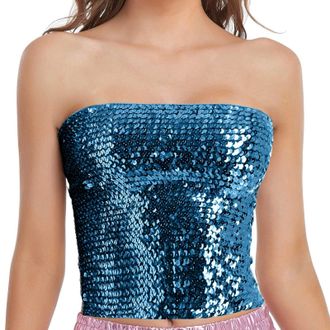 Generic Fashion Mardi Holiday Womens Sparkling Sequins Stretch Clubwear Tube Top Simple Top (Light Blue, One Size)
