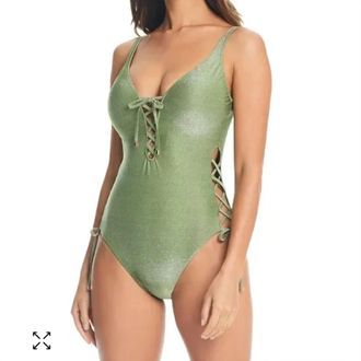 Bar III Womens Shimmer Lace Up One Piece Swimsuit In Green