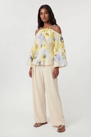 Karen Millen Womens Blue Floral Off The Shoulder Shirred Woven Blouse Lyocell - Size 14 UK