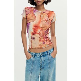 Desigual Print Mesh Crop Top in Orange Multi at Nordstrom, Size Small