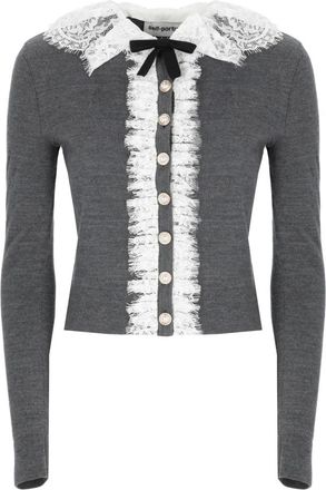 Self Portrait Gebreide Cardigan met kanten kraag - Dames - Vesten - Grijs - M - Katoen - Truien & Vesten